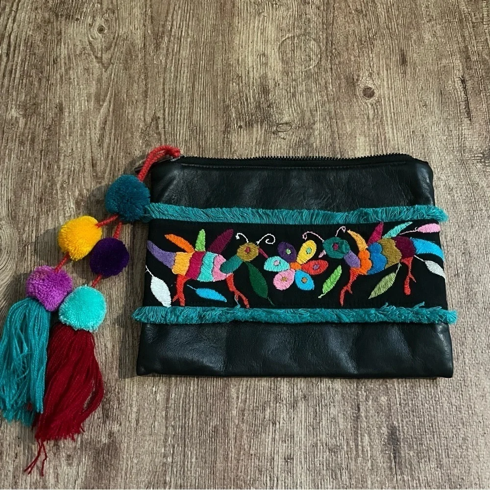 Leather Embroidered Zipper Clutch with Pom Pom Tassel